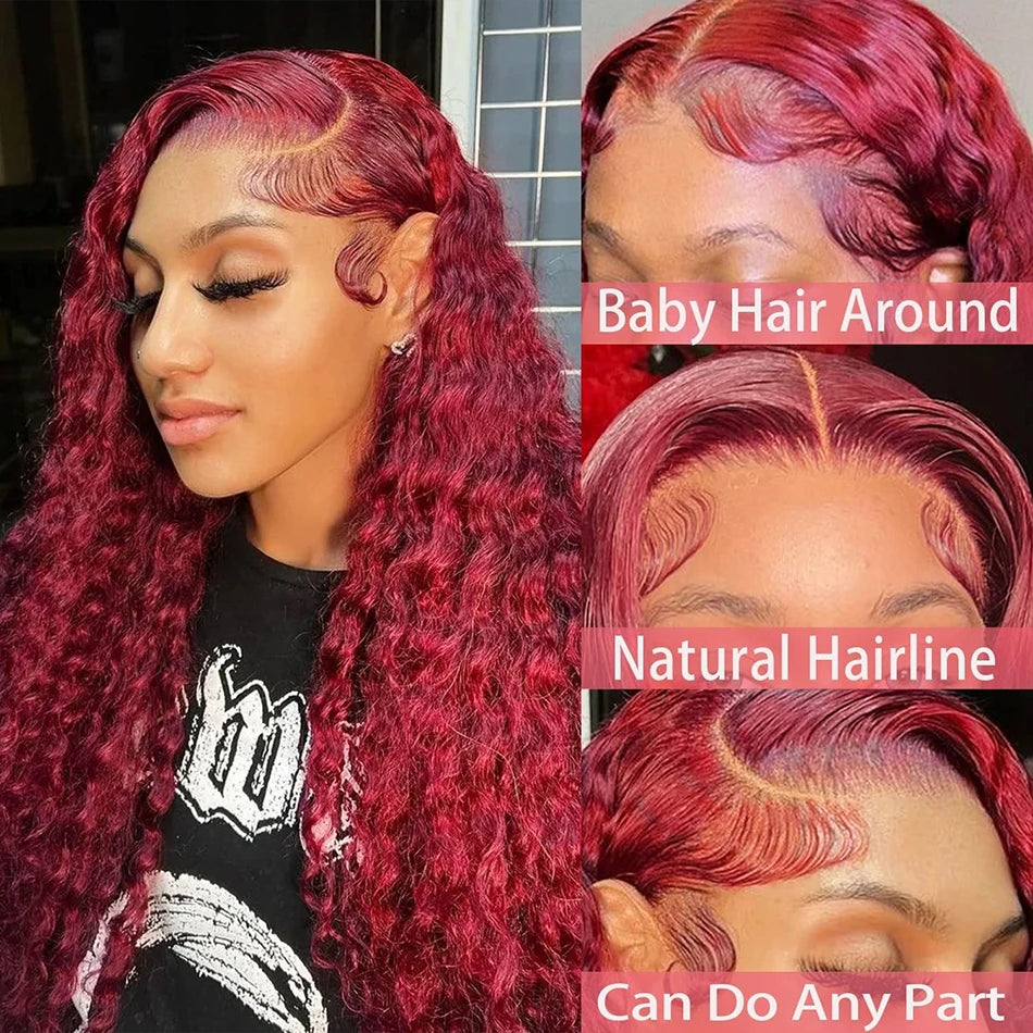 40 Inch 99j Burgundy 13x6 Hd Lace Frontal Human Hair Wig Red Colored Remy Wig 13x4 Transparent Lace Curly Deep Wave Frontal Wig