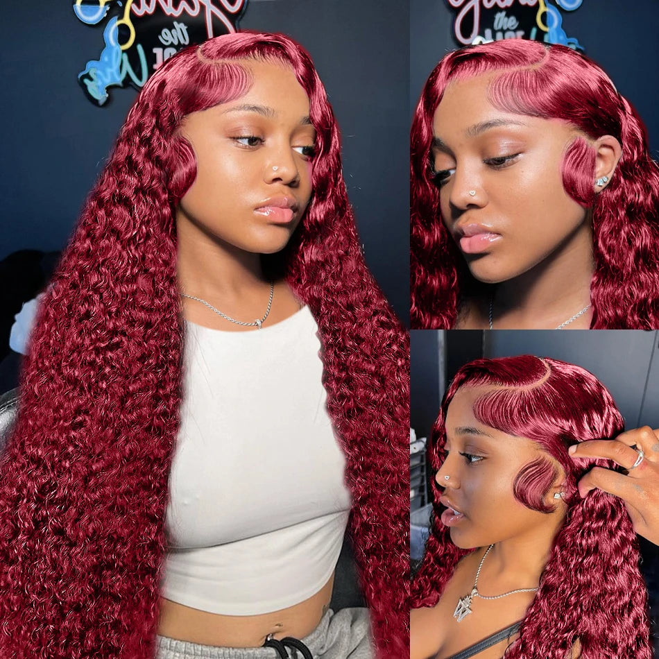 40 Inch 99j Burgundy 13x6 Hd Lace Frontal Human Hair Wig Red Colored Remy Wig 13x4 Transparent Lace Curly Deep Wave Frontal Wig