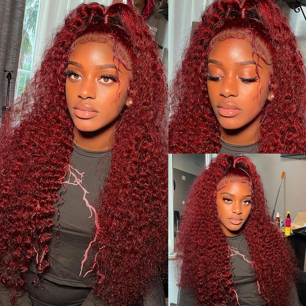 40 Inch 99j Burgundy 13x6 Hd Lace Frontal Human Hair Wig Red Colored Remy Wig 13x4 Transparent Lace Curly Deep Wave Frontal Wig