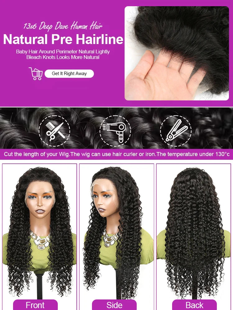 Transparent 250% Density Water Culry 360 Full Lace Frontal Wig Human Hair 40Inch Deep Wave 13x4 13x6 Hd Lace Front Wig For Women
