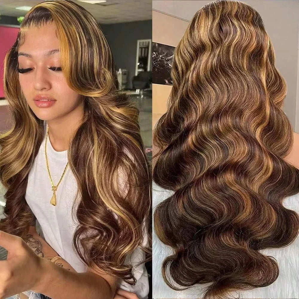 180 200 Density 100% Human Hair Body Wave Wigs P4/27 Highlight Colored 13x4 13x6 HD TranspatentLace Frontal 18-46 Inch Remy Hair