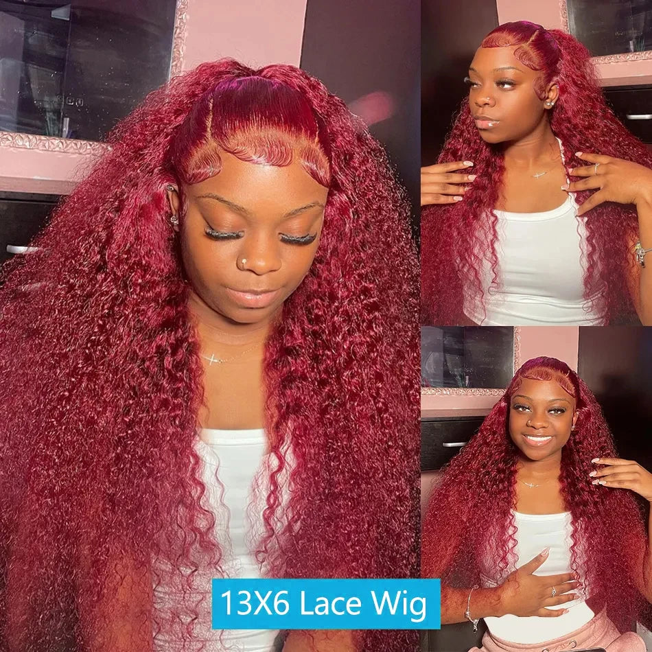 40 Inch 99j Burgundy 13x6 Hd Lace Frontal Human Hair Wig Red Colored Remy Wig 13x4 Transparent Lace Curly Deep Wave Frontal Wig