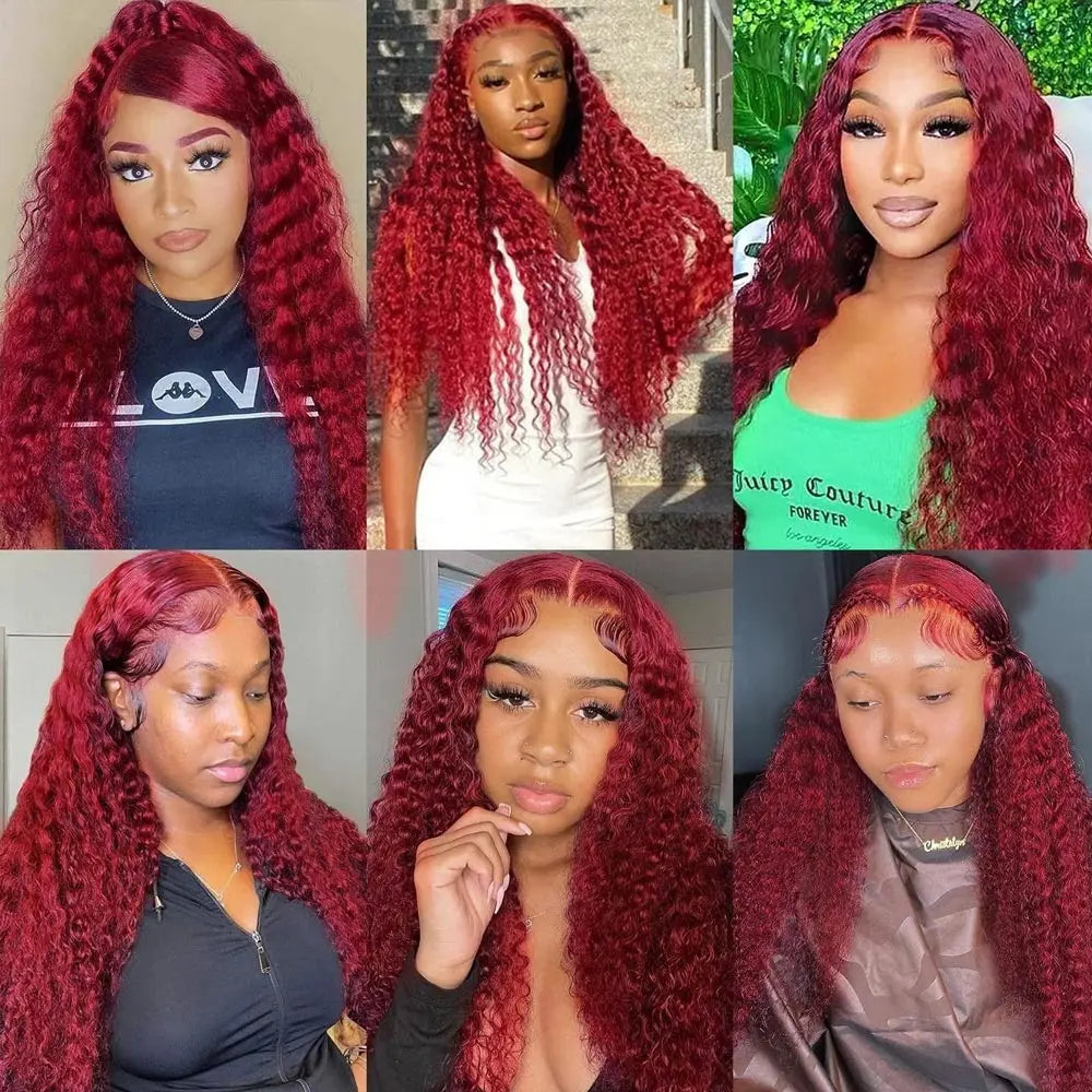 40 Inch 99j Burgundy 13x6 Hd Lace Frontal Human Hair Wig Red Colored Remy Wig 13x4 Transparent Lace Curly Deep Wave Frontal Wig