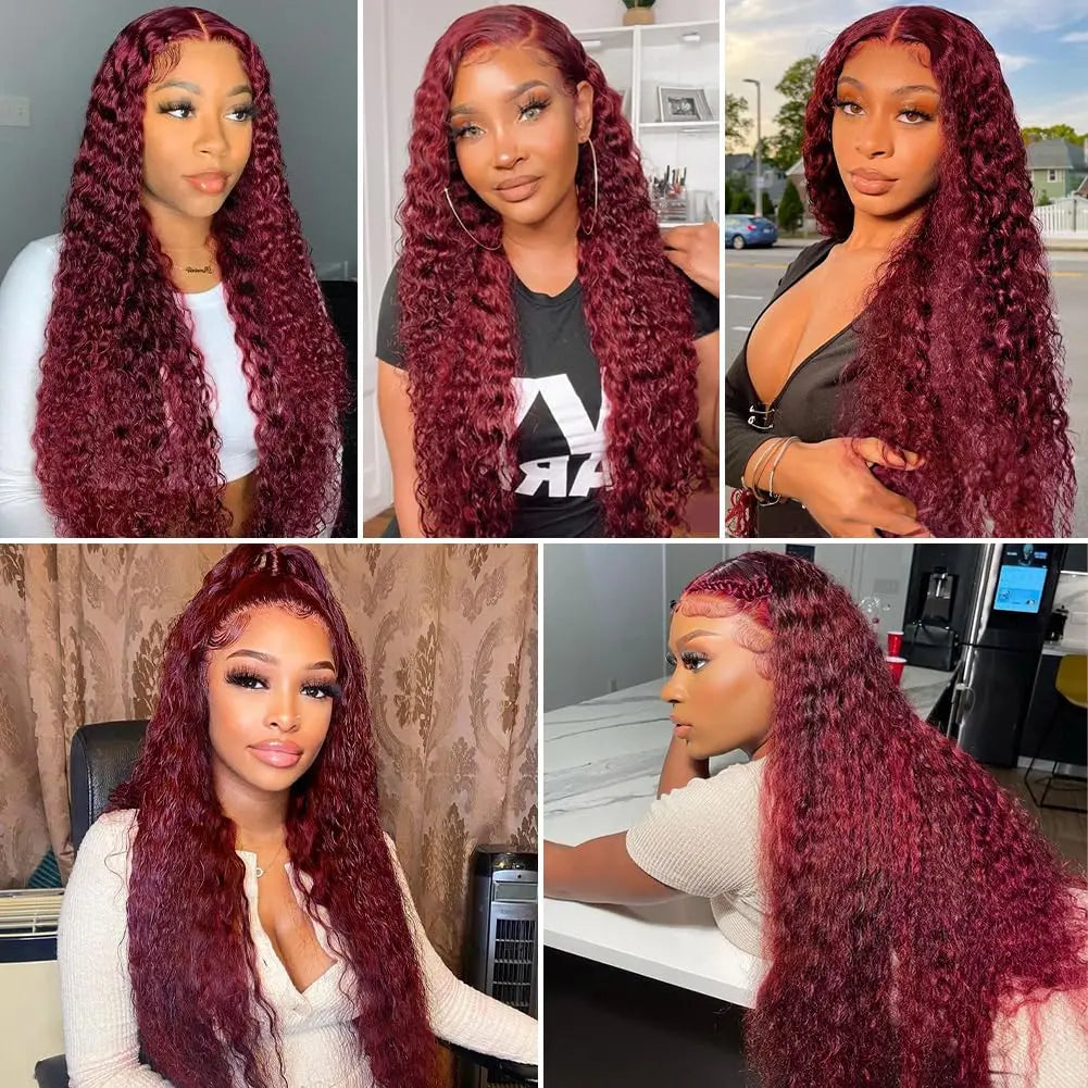 40 Inch 99j Burgundy 13x6 Hd Lace Frontal Human Hair Wig Red Colored Remy Wig 13x4 Transparent Lace Curly Deep Wave Frontal Wig
