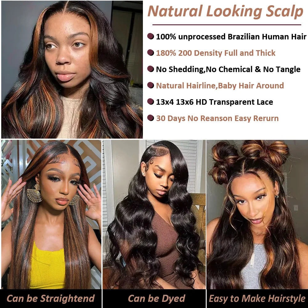 Body Wave HD Lace Front Wigs Human Hair 200 Density FB 30 13x6 HD Transparent Lace Frontal Brazilian Wigs for Women 52 Inch
