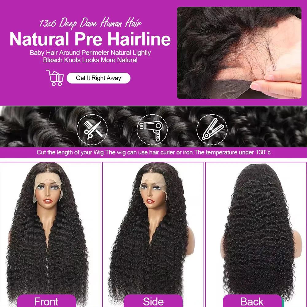 Transparent 250% Density Water Culry 360 Full Lace Frontal Wig Human Hair 40Inch Deep Wave 13x4 13x6 Hd Lace Front Wig For Women