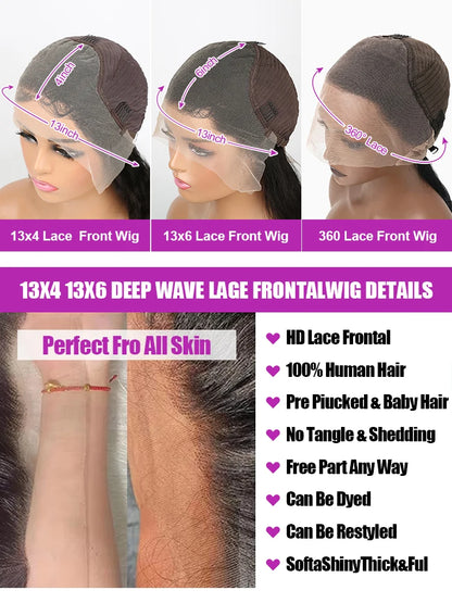 Transparent 250% Density Water Culry 360 Full Lace Frontal Wig Human Hair 40Inch Deep Wave 13x4 13x6 Hd Lace Front Wig For Women