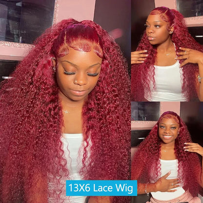 40 Inch 99j Burgundy 13x6 Hd Lace Frontal Human Hair Wig Red Colored Remy Wig 13x4 Transparent Lace Curly Deep Wave Frontal Wig