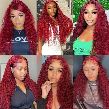 40 Inch 99j Burgundy 13x6 Hd Lace Frontal Human Hair Wig Red Colored Remy Wig 13x4 Transparent Lace Curly Deep Wave Frontal Wig